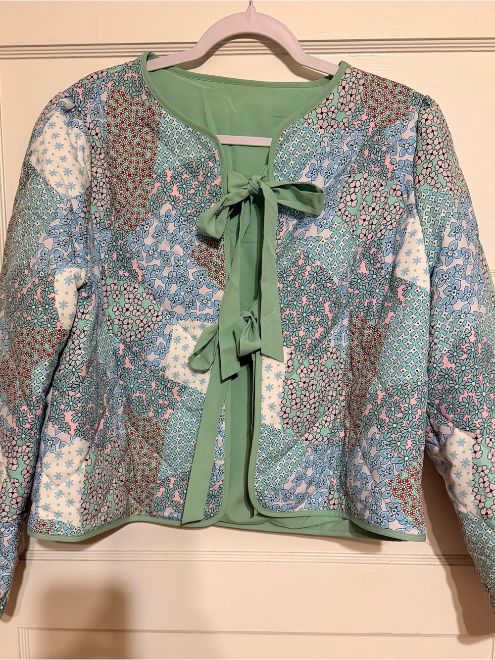 Women's Pastel Patchwork Tie-Front Jacket - Mint & Floral